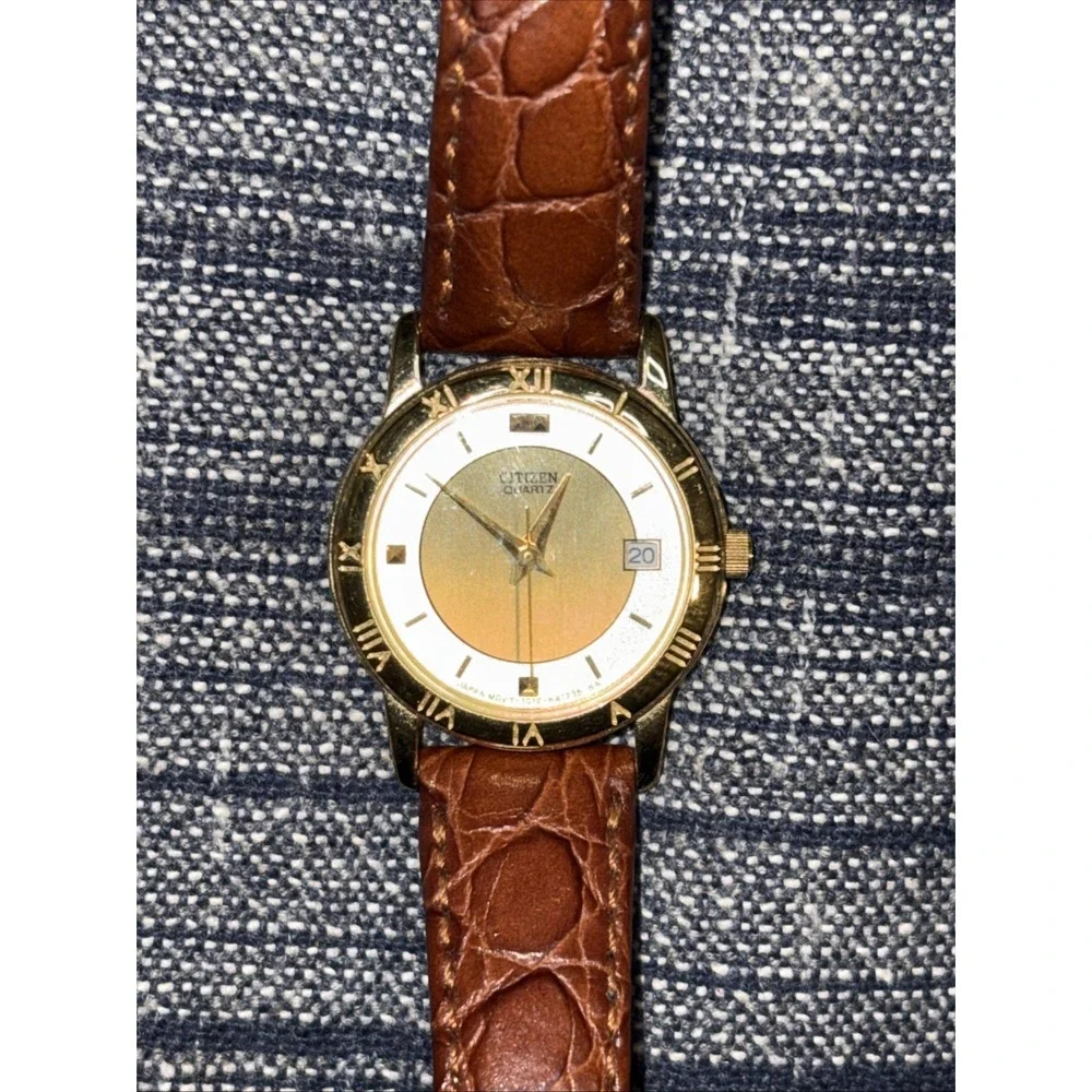 Citizen Ladies Vintage Gold Plated Wrist Watch Silver Dial Genuine Leather Brown